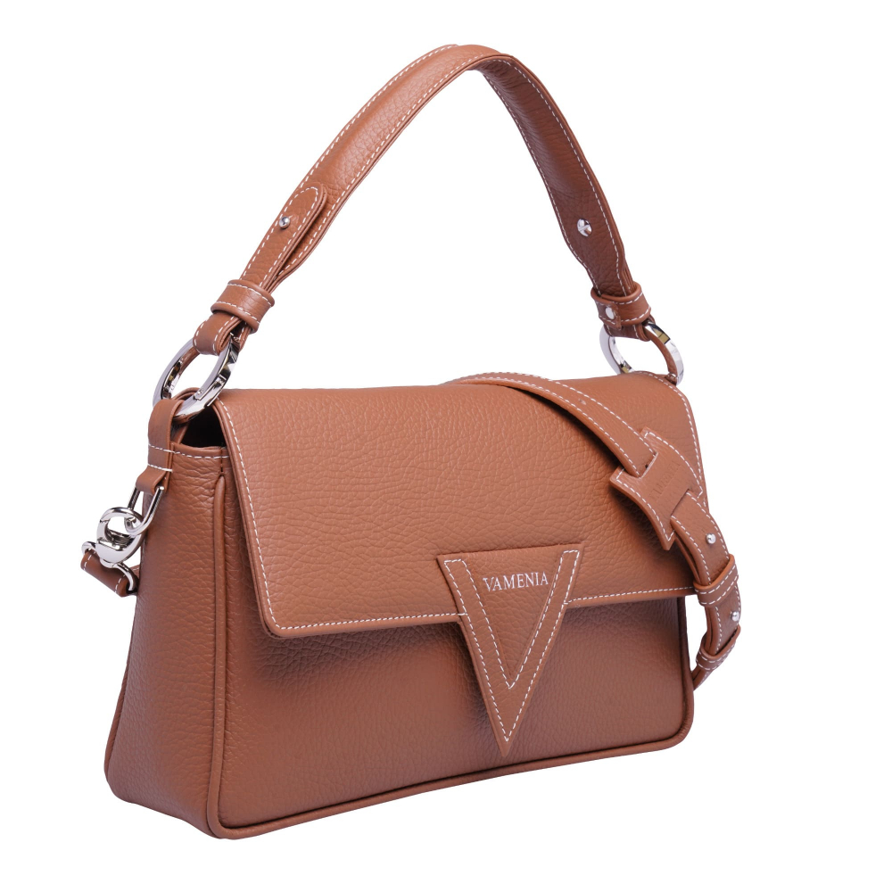 Schultertasche aus genarbtem Kalbsleder braun